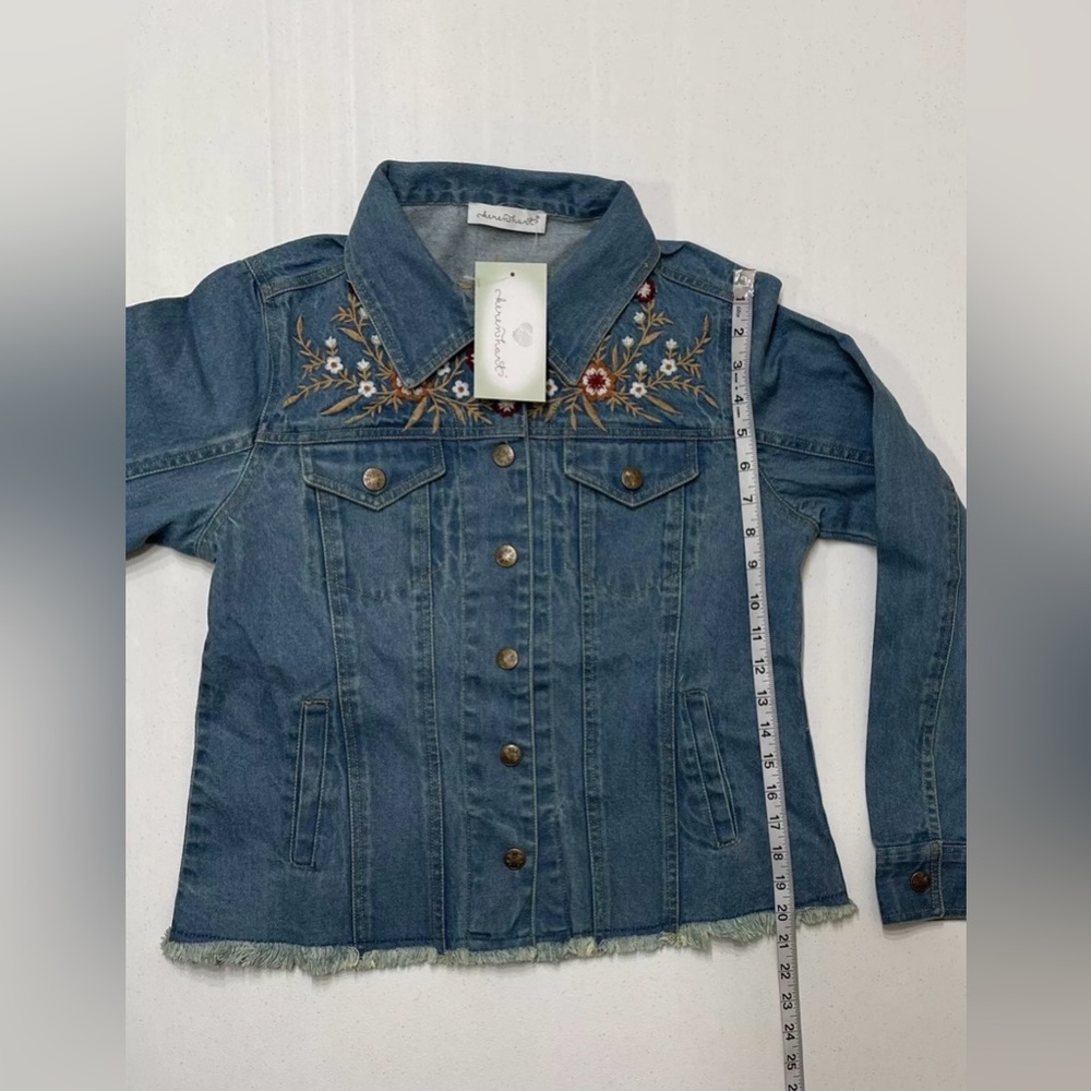 Keren Hart Women’s Blue Floral Embroidery Long Sleeve Button Up Denim Jacket s M - Picture 11 of 12
